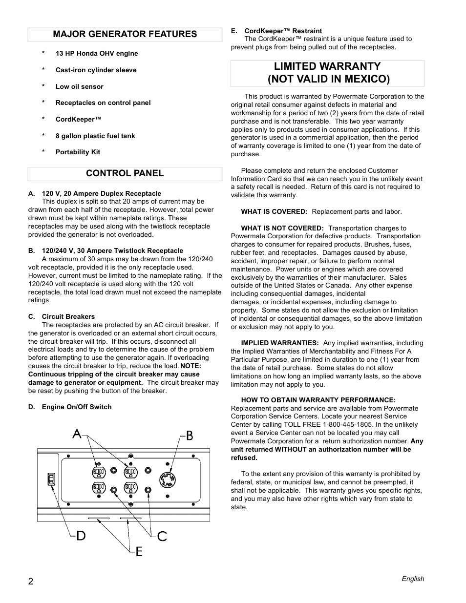 Limited warranty (not valid in mexico), Control panel major generator features | Powermate PM0496500 User Manual | Page 2 / 12
