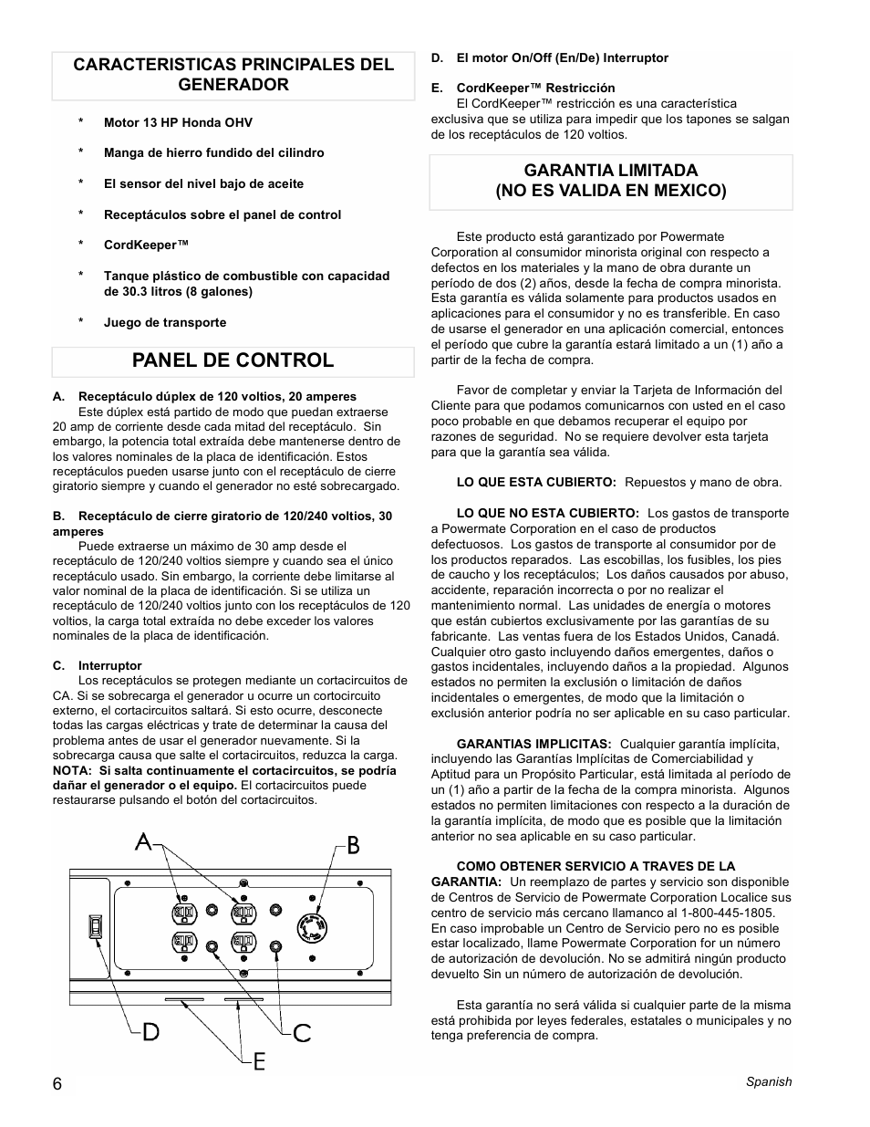 Panel de control | Powermate PM0496500 User Manual | Page 6 / 12