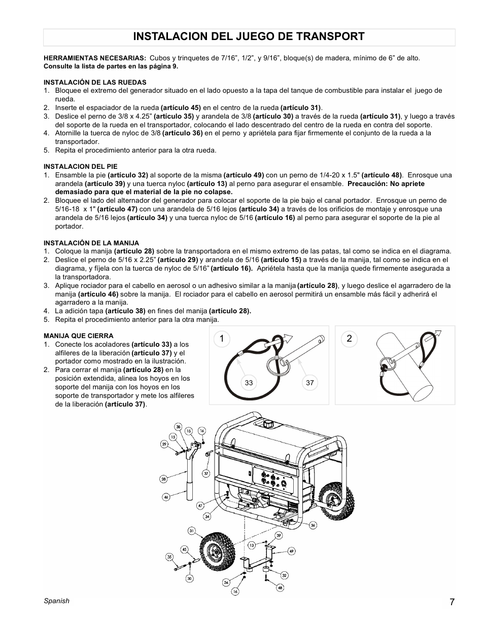 Instalacion del juego de transport | Powermate PM0496500 User Manual | Page 7 / 12