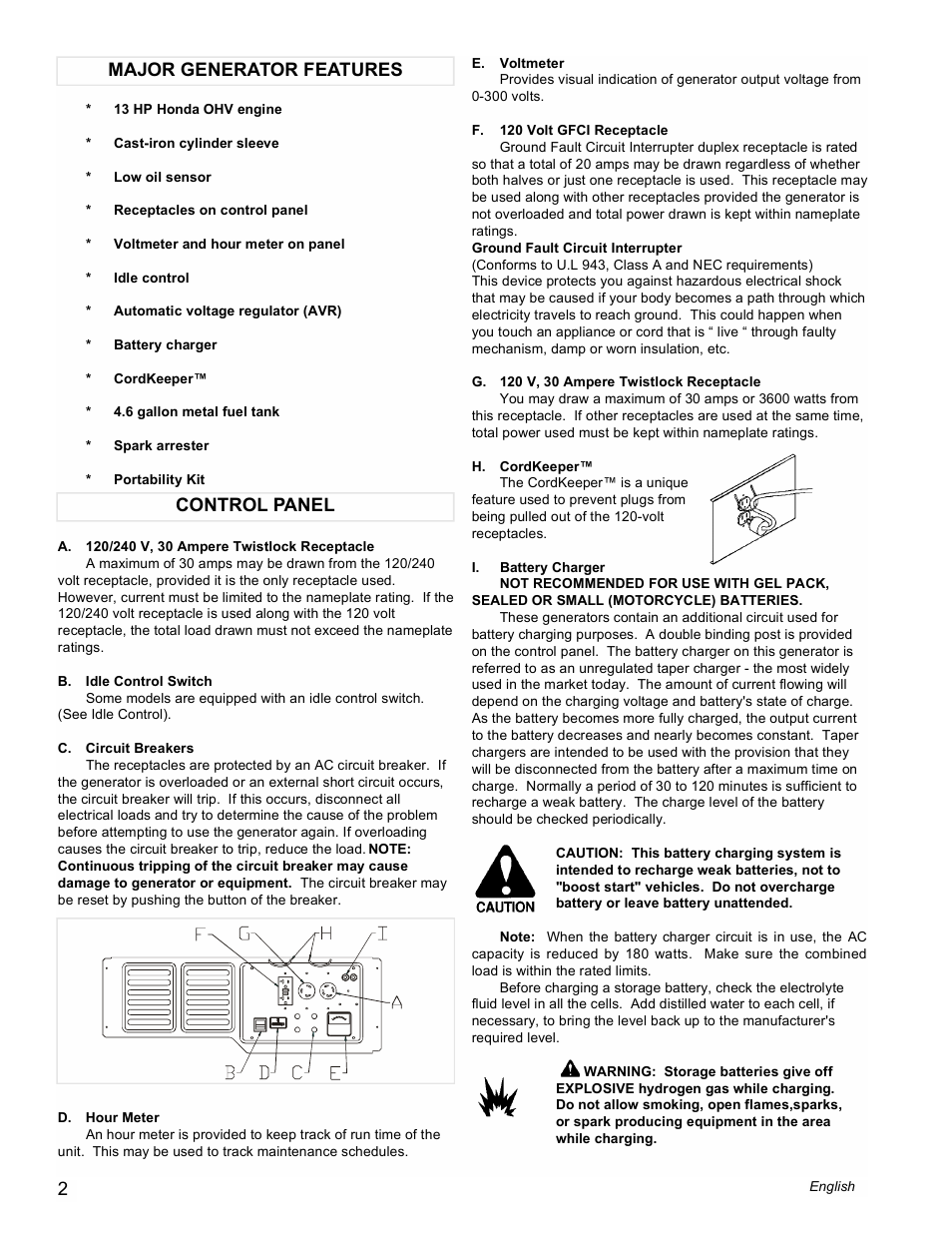 Control panel major generator features | Powermate PM0496504 User Manual | Page 2 / 16
