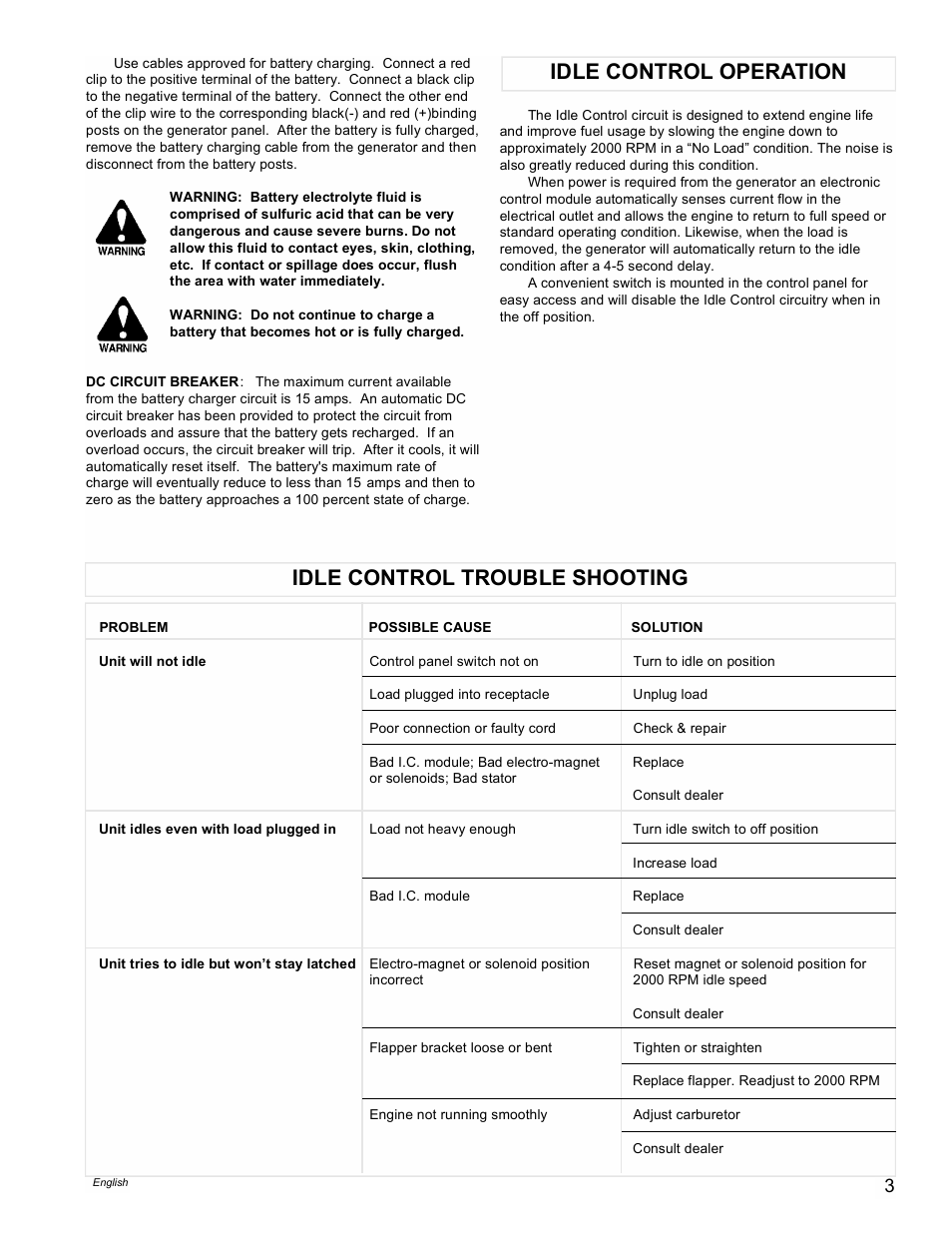 Idle control operation, Idle control trouble shooting | Powermate PM0496504 User Manual | Page 3 / 16