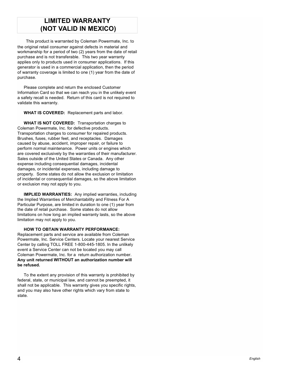 Limited warranty (not valid in mexico) | Powermate PM0496504 User Manual | Page 4 / 16