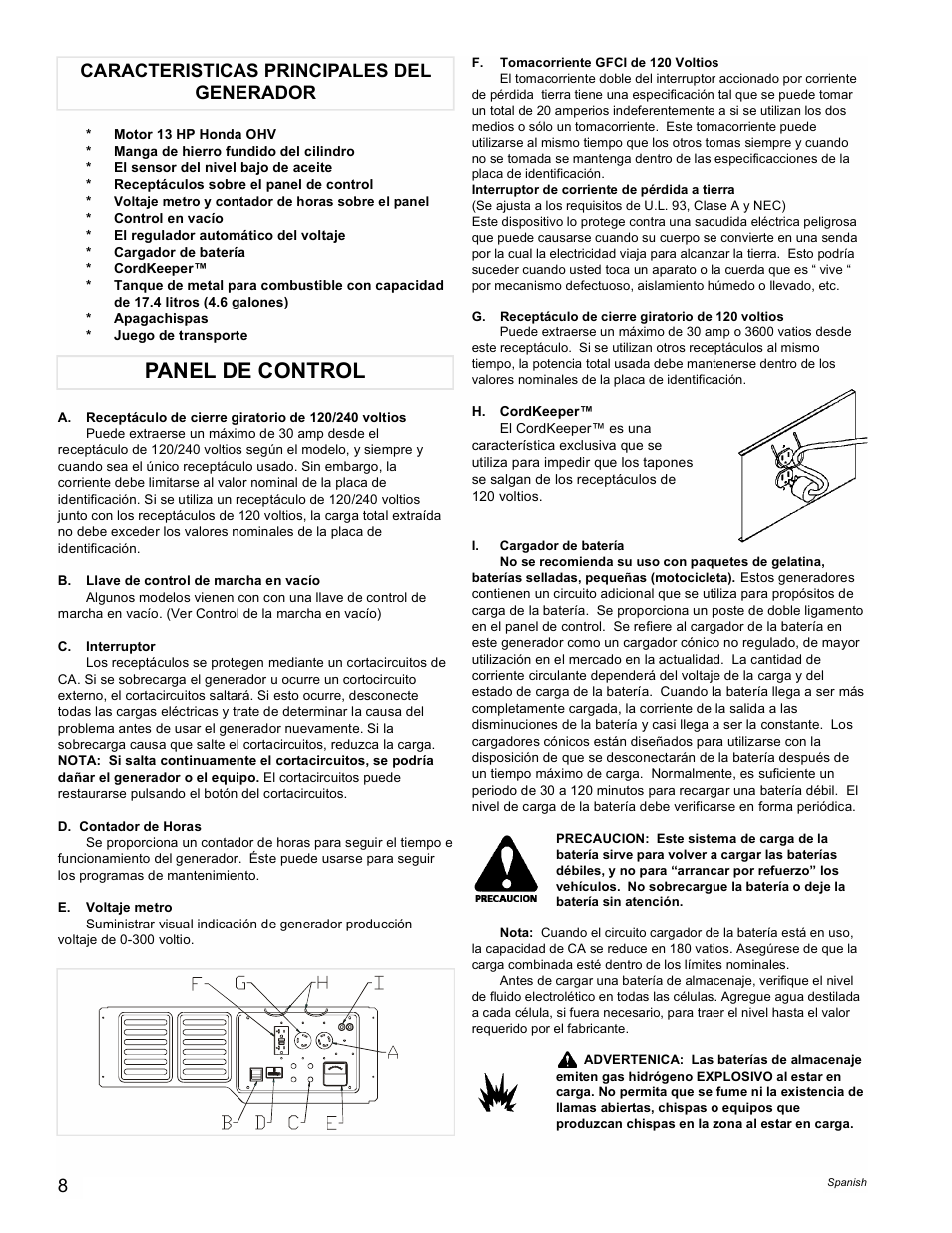 Panel de control, Caracteristicas principales del generador | Powermate PM0496504 User Manual | Page 8 / 16