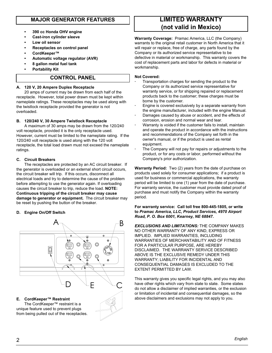 Limited warranty (not valid in mexico), Control panel major generator features | Powermate PM0497000.05 User Manual | Page 2 / 12