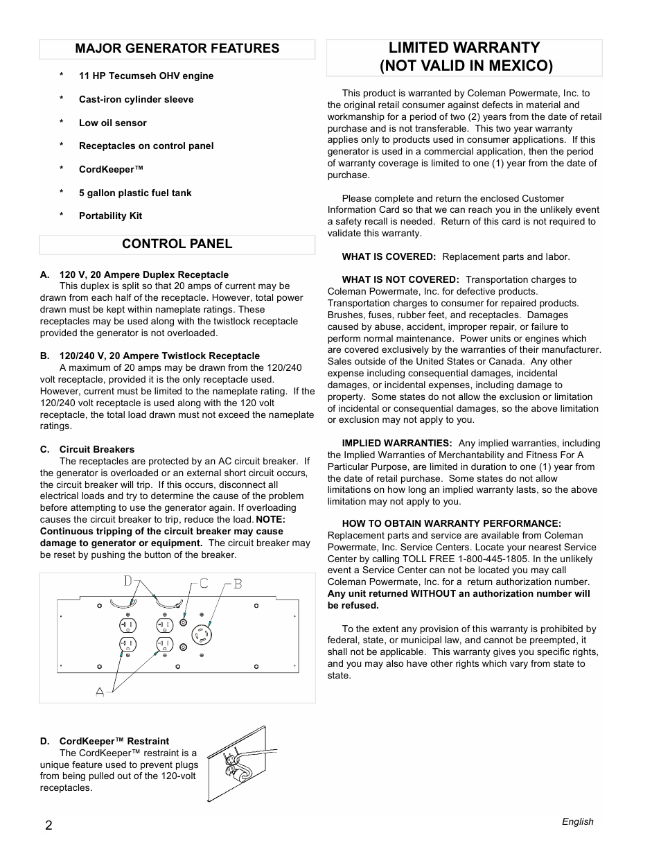 Limited warranty (not valid in mexico), Control panel major generator features | Powermate PM0525300 User Manual | Page 2 / 8