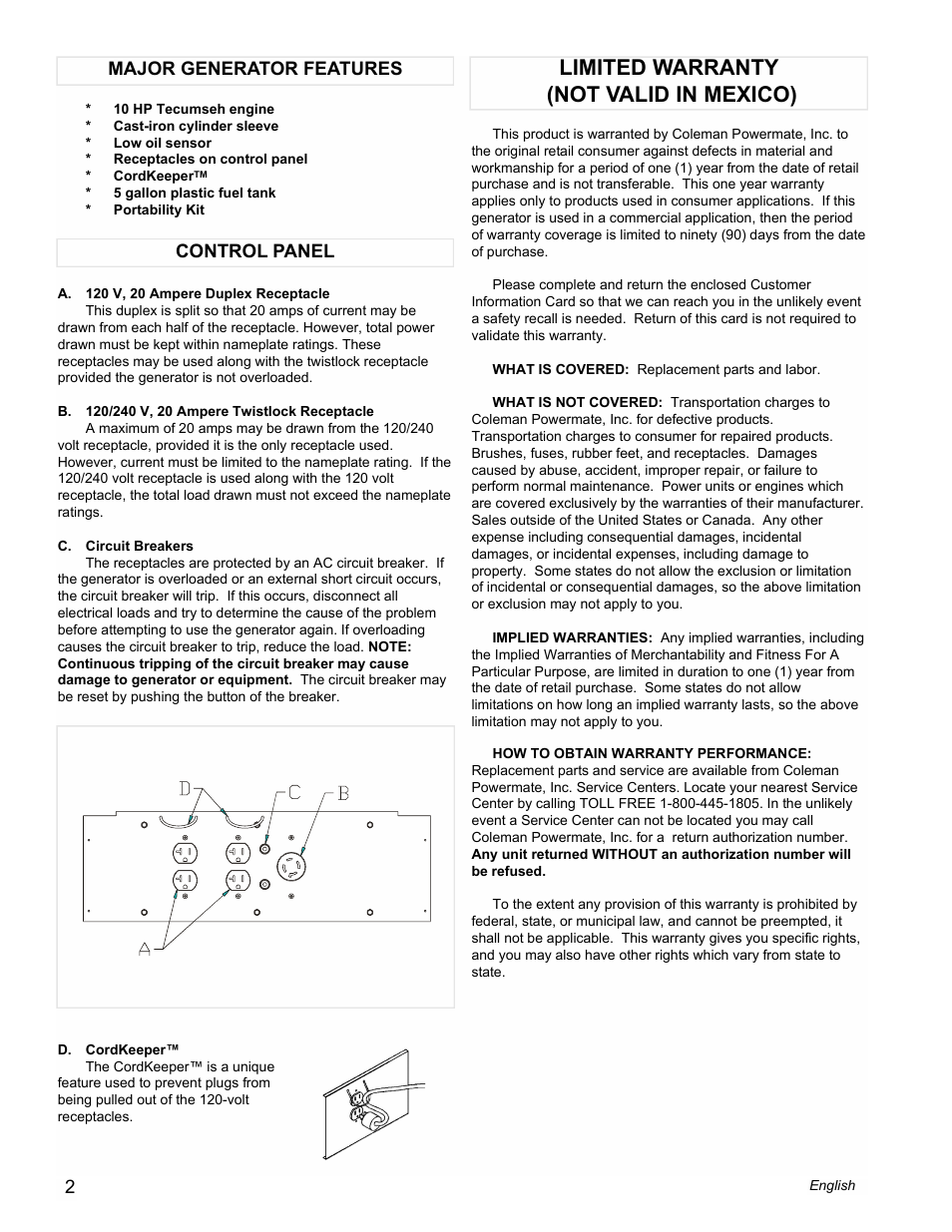 Limited warranty (not valid in mexico), Control panel major generator features | Powermate PM0525312 User Manual | Page 2 / 8