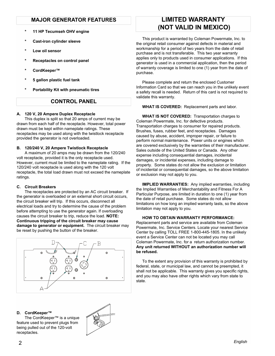 Limited warranty (not valid in mexico) | Powermate PM0525500.01 User Manual | Page 2 / 8