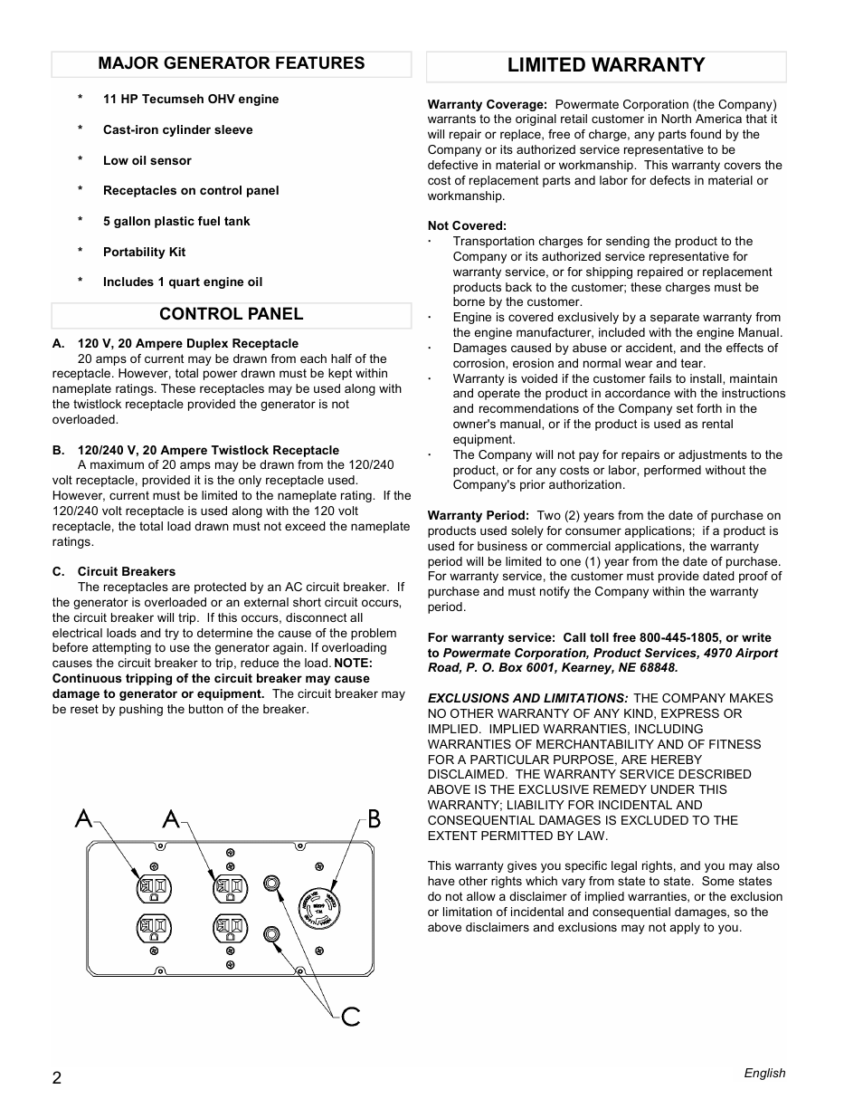 Limited warranty, Control panel major generator features | Powermate PM0525750 User Manual | Page 2 / 12