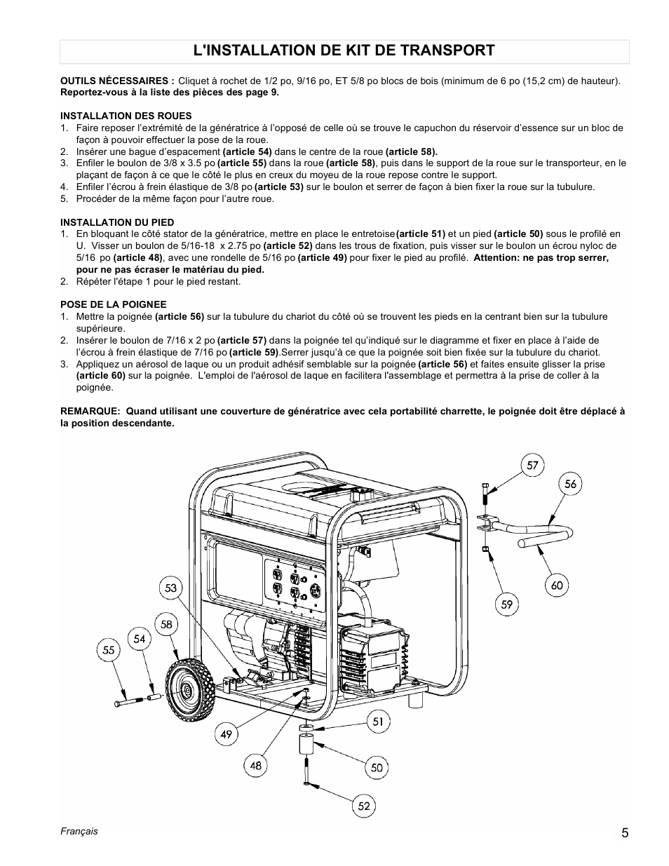 L'installation de kit de transport | Powermate PM0525750 User Manual | Page 5 / 12