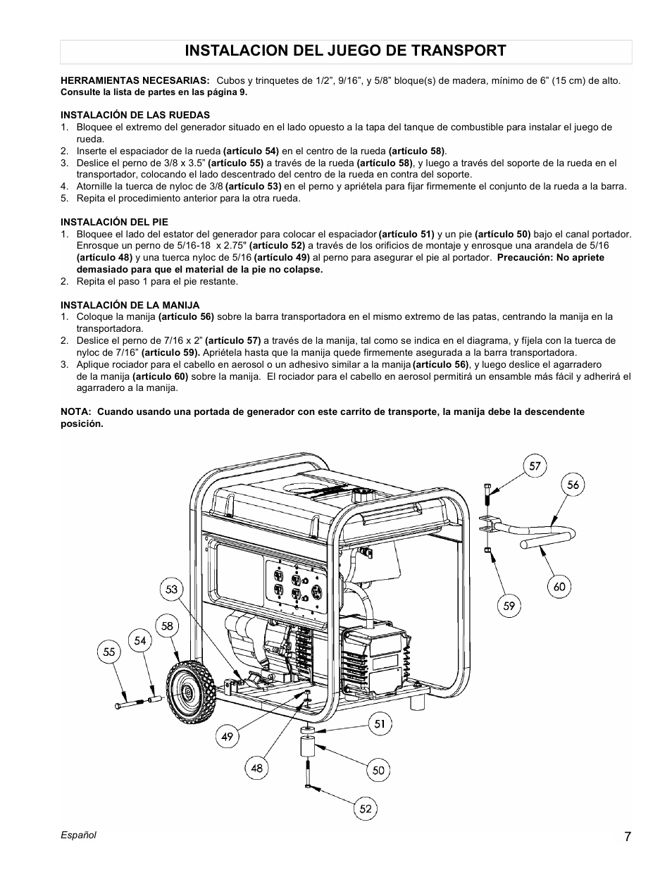 Instalacion del juego de transport | Powermate PM0525750 User Manual | Page 7 / 12