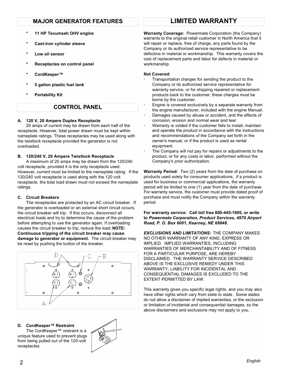 Limited warranty, Control panel major generator features | Powermate PM0525751 User Manual | Page 2 / 12