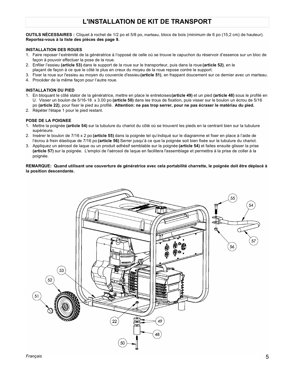 L'installation de kit de transport | Powermate PM0525751 User Manual | Page 5 / 12