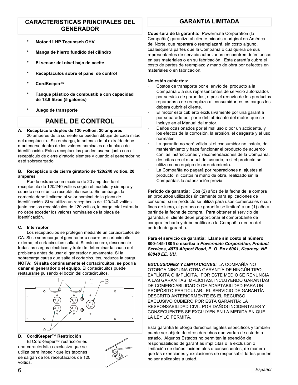 Panel de control | Powermate PM0525751 User Manual | Page 6 / 12