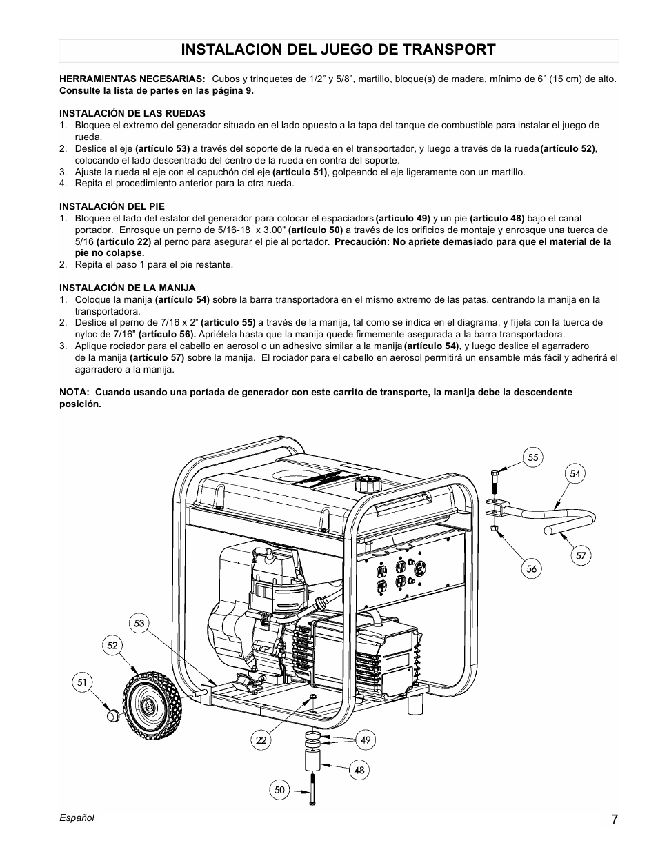 Instalacion del juego de transport | Powermate PM0525751 User Manual | Page 7 / 12