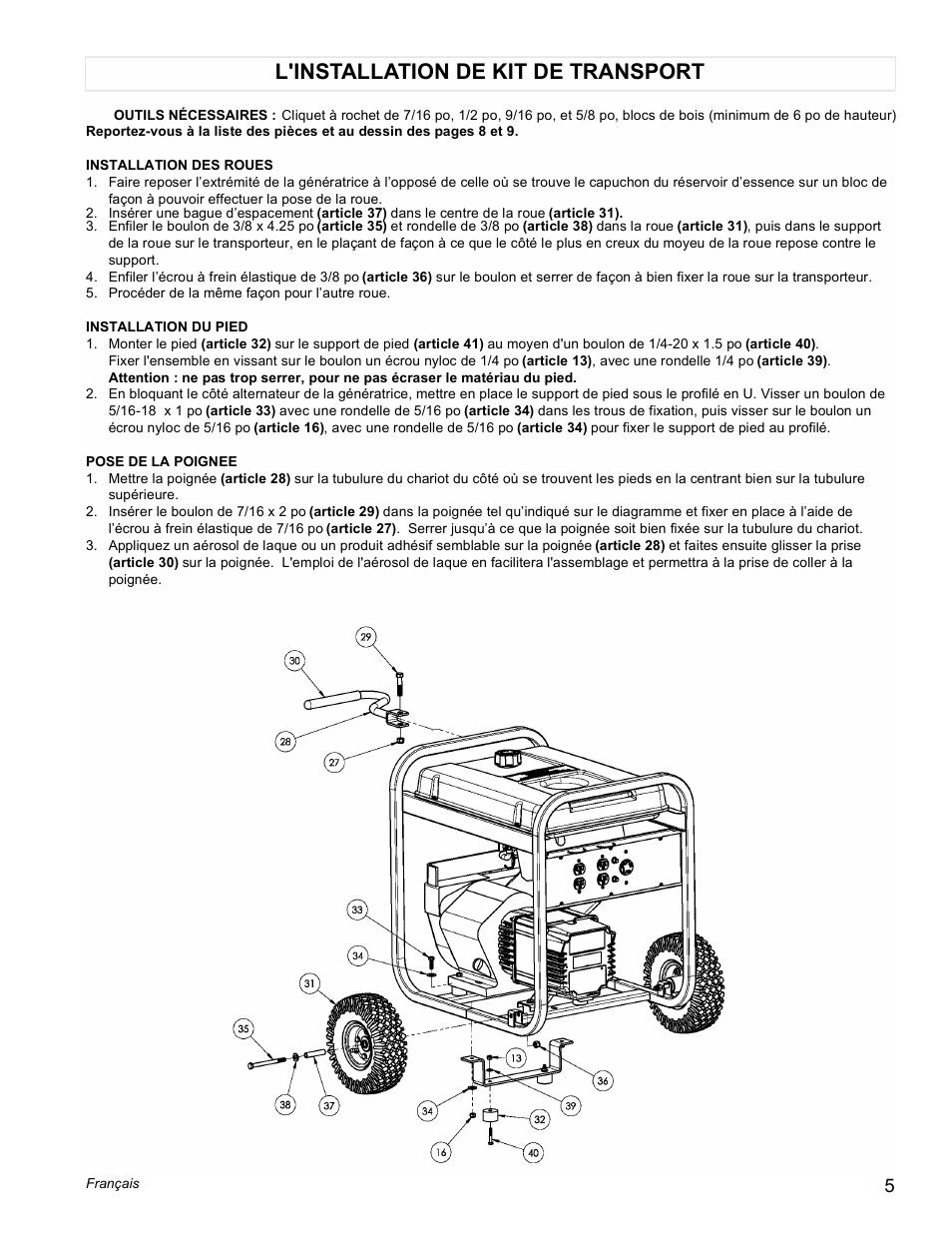 L'installation de kit de transport | Powermate PM0535001 User Manual | Page 5 / 12