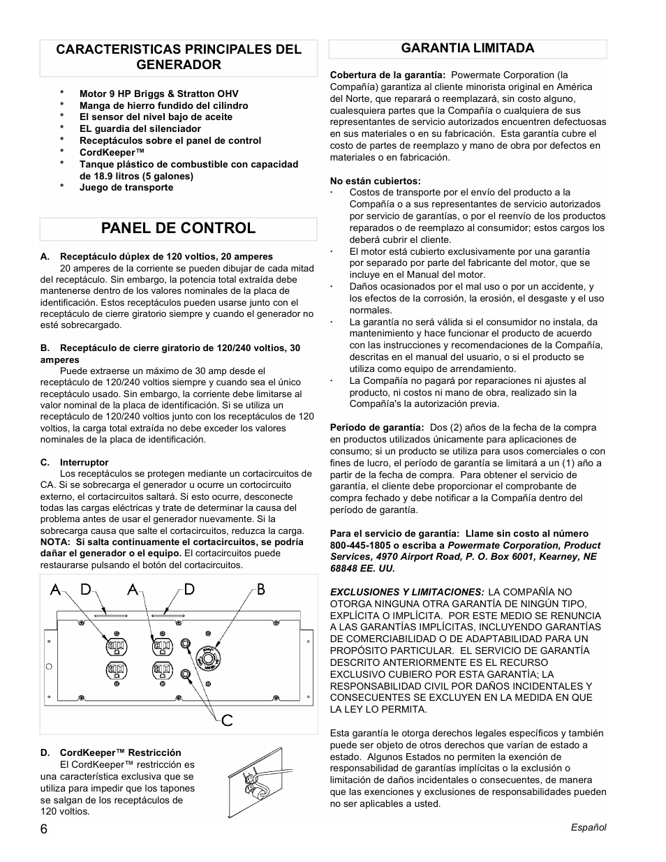 Panel de control | Powermate PM0535001 User Manual | Page 6 / 12