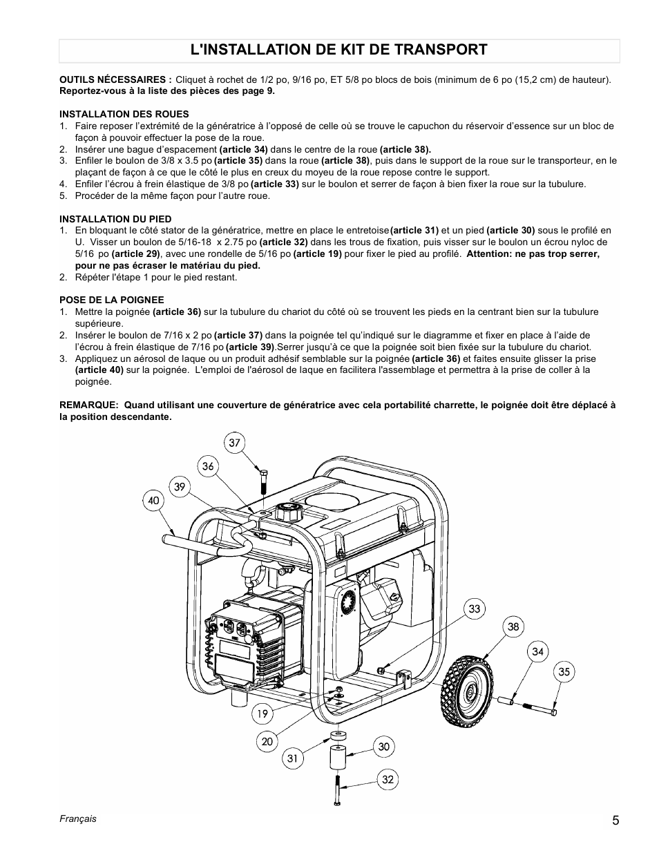 L'installation de kit de transport | Powermate PM0543002 User Manual | Page 5 / 12