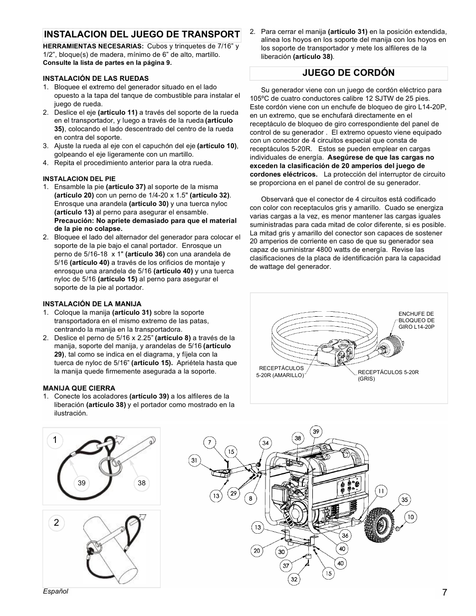 Instalacion del juego de transport juego de cordón | Powermate PM0545002.02 User Manual | Page 7 / 12