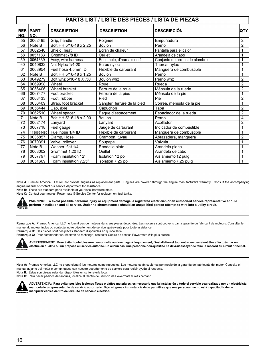 Parts list / liste des pièces / lista de piezas 16 | Powermate PM0601250.02 User Manual | Page 16 / 20