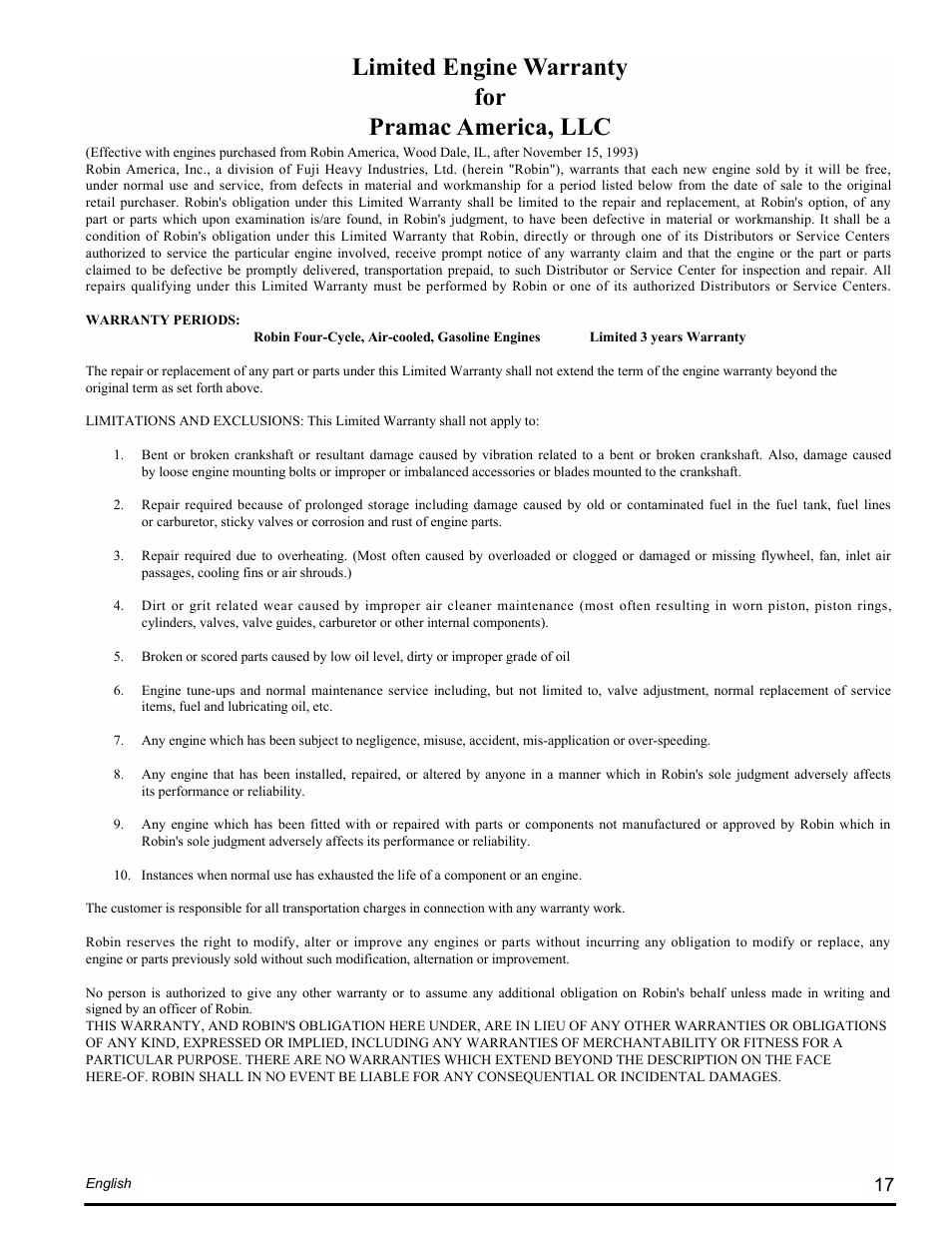 Limited engine warranty for pramac america, llc | Powermate PM0601250.02 User Manual | Page 17 / 20