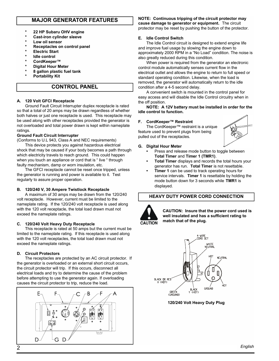 Control panel major generator features | Powermate PM0601250.02 User Manual | Page 2 / 20