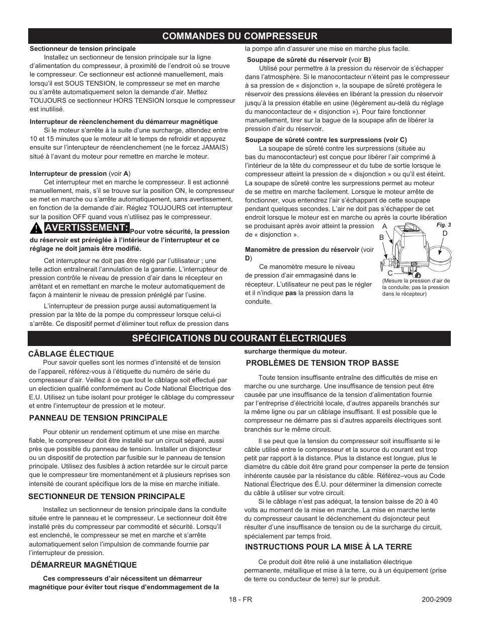 Avertissement, Commandes du compresseur, Spécifications du courant électriques | Powermate IV7518075 User Manual | Page 18 / 36