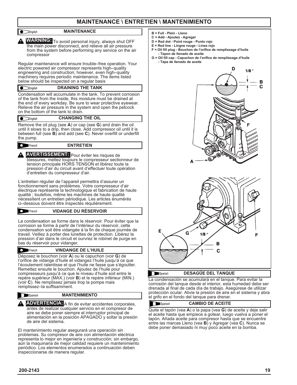 Maintenance \ entretien \ mantenimiento | Powermate IH9919946 User Manual | Page 19 / 30