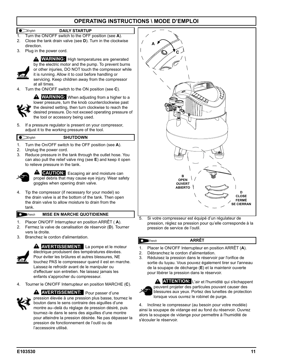 Operating instructions \ mode d’emploi | Powermate VNF1080620 User Manual | Page 11 / 20