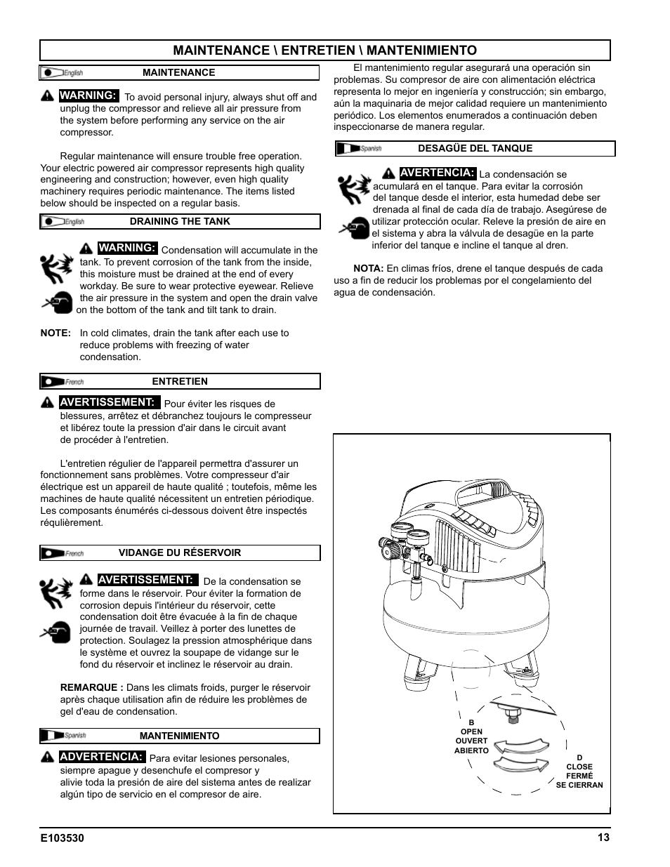 Maintenance \ entretien \ mantenimiento | Powermate VNF1080620 User Manual | Page 13 / 20