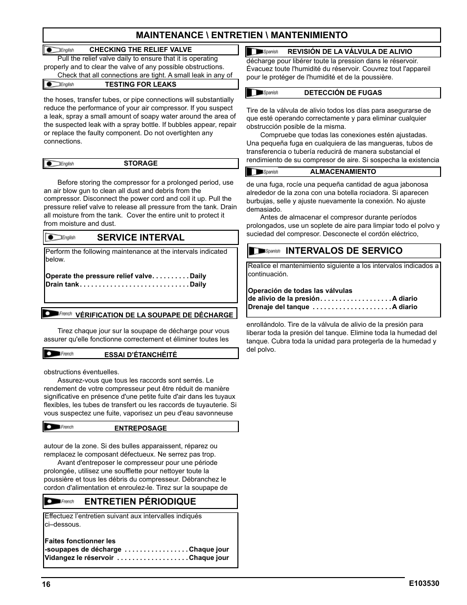 Maintenance \ entretien \ mantenimiento | Powermate VNF1080620 User Manual | Page 16 / 20