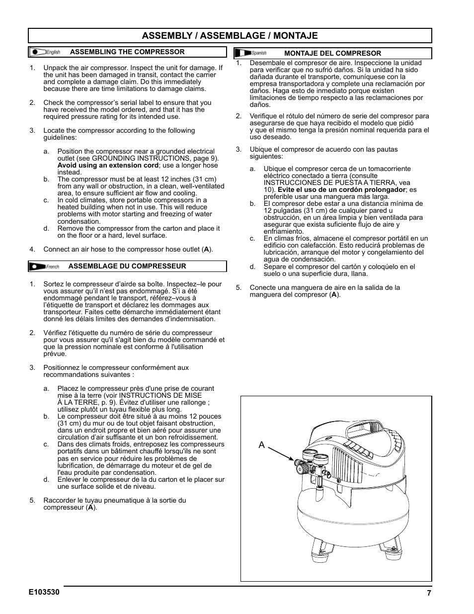 Assembly / assemblage / montaje | Powermate VNF1080620 User Manual | Page 7 / 20