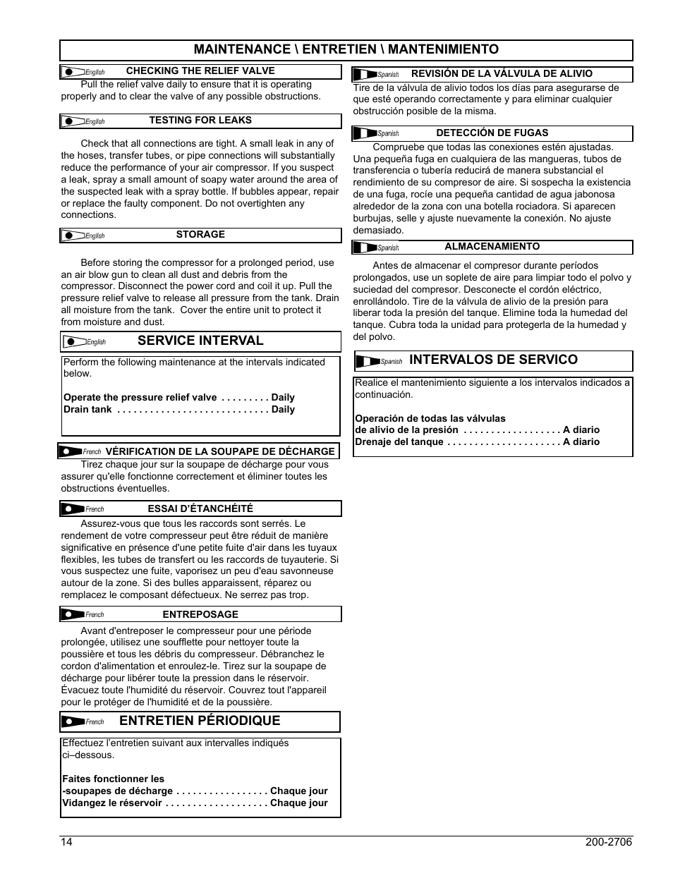 Maintenance \ entretien \ mantenimiento | Powermate VPF0000201 User Manual | Page 14 / 20