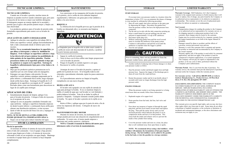 Storage limited warranty 9, Aplicacion de cera | Powermate PWC102350.03 User Manual | Page 9 / 16