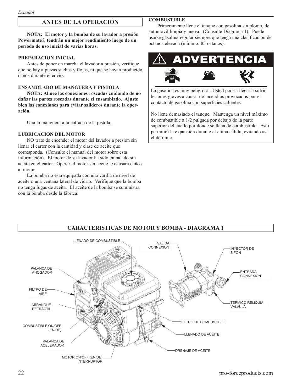 Caracteristicas de motor y bomba - diagrama 1 | Powermate PWF0102000.03 User Manual | Page 22 / 32