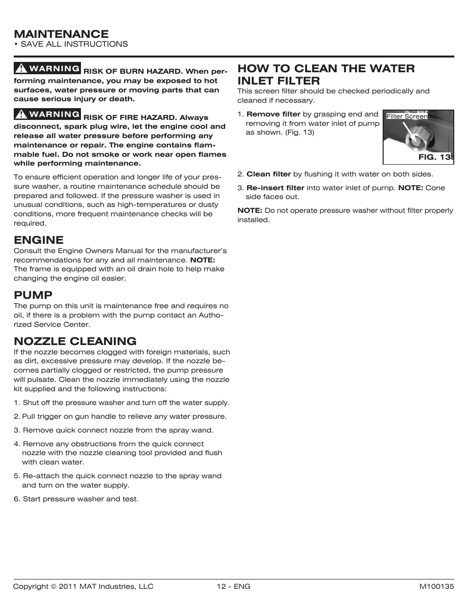 How to clean the water inlet filter, Maintenance, Engine | Pump, Nozzle cleaning | Powermate PWZ0142700.01 User Manual | Page 12 / 56