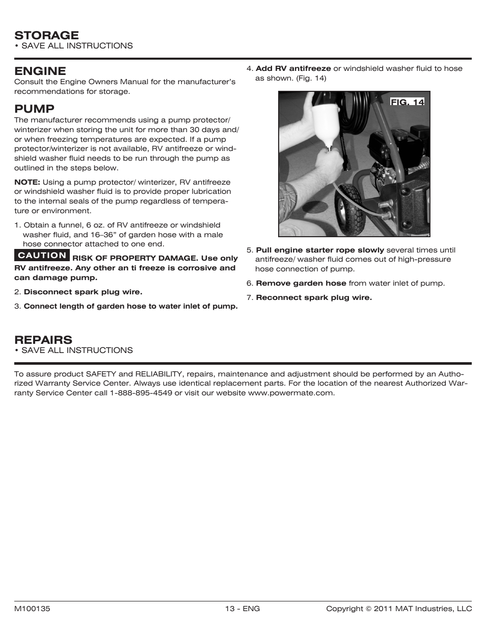 Storage, Engine, Pump | Repairs | Powermate PWZ0142700.01 User Manual | Page 13 / 56