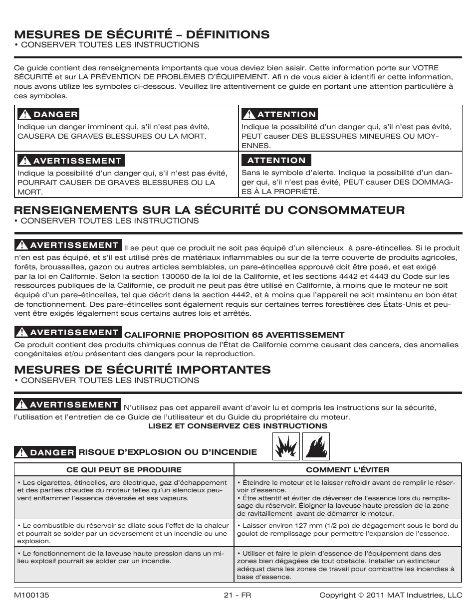 Mesures de sécurité – définitions, Renseignements sur la sécurité du consommateur, Mesures de sécurité importantes | Powermate PWZ0142700.01 User Manual | Page 21 / 56