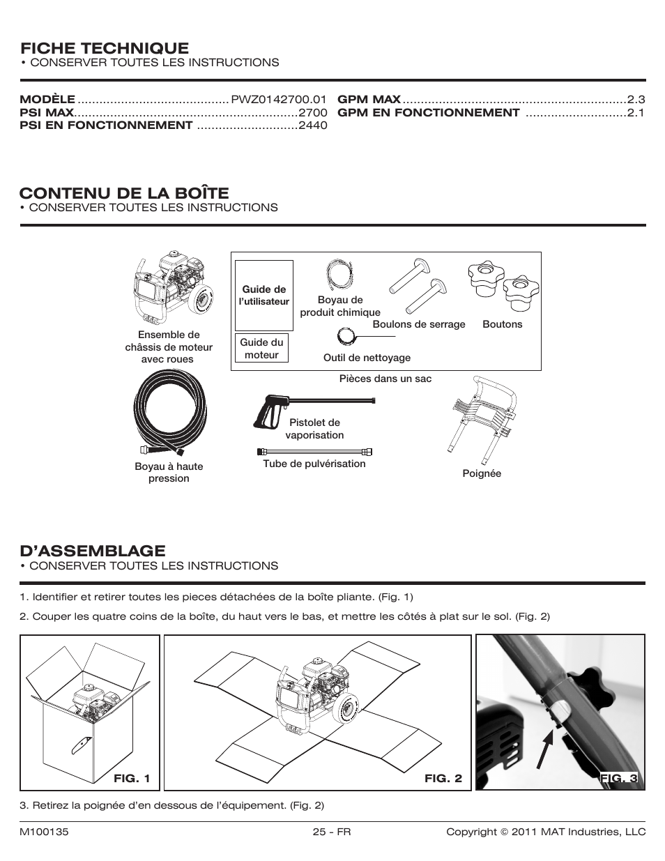 Fiche technique, Contenu de la boîte, D’assemblage | Powermate PWZ0142700.01 User Manual | Page 25 / 56