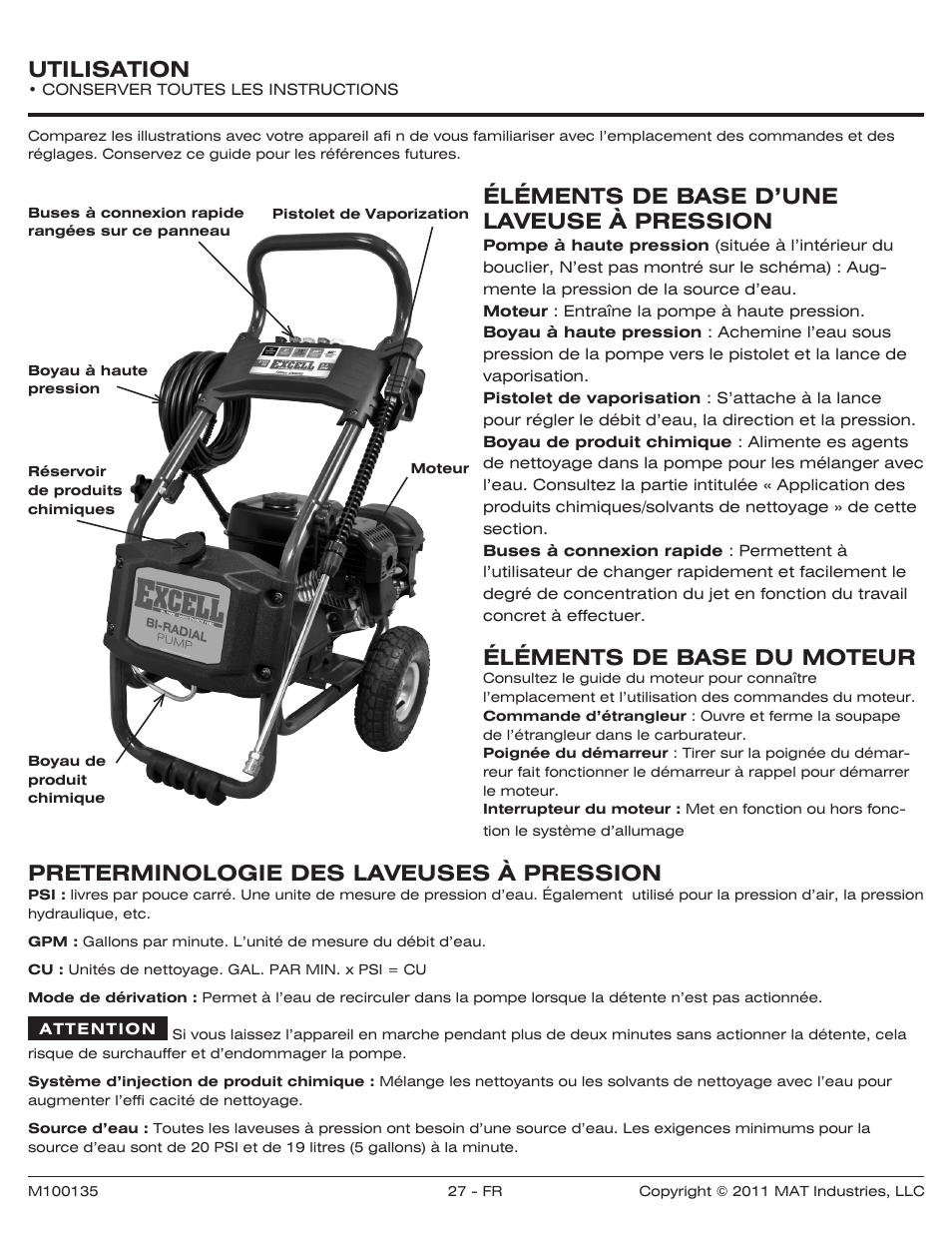 Utilisation, Éléments de base d’une laveuse à pression, Éléments de base du moteur | Preterminologie des laveuses à pression | Powermate PWZ0142700.01 User Manual | Page 27 / 56