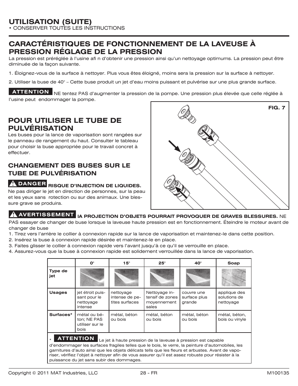 Utilisation (suite), Pour utiliser le tube de pulvérisation, Changement des buses sur le tube de pulvérisation | Powermate PWZ0142700.01 User Manual | Page 28 / 56