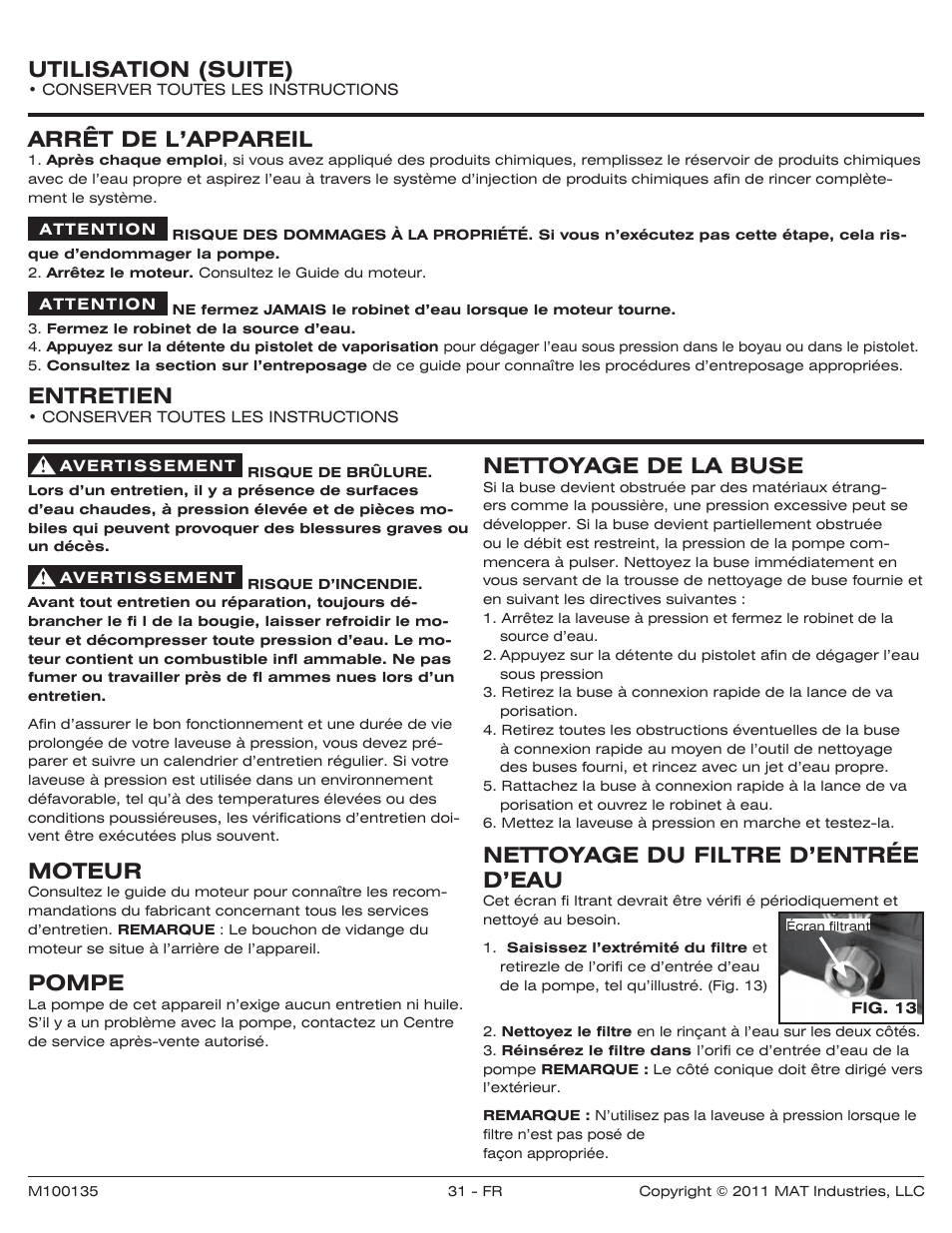 Nettoyage de la buse, Nettoyage du filtre d’entrée d’eau, Entretien | Moteur, Pompe, Arrêt de l’appareil, Utilisation (suite) | Powermate PWZ0142700.01 User Manual | Page 31 / 56