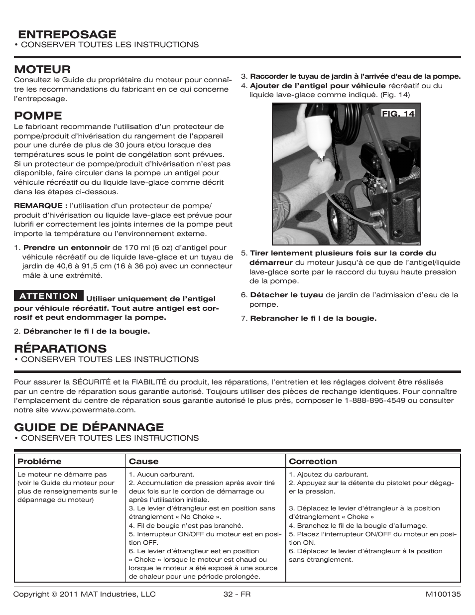 Entreposage, Moteur, Pompe | Réparations, Guide de dépannage | Powermate PWZ0142700.01 User Manual | Page 32 / 56