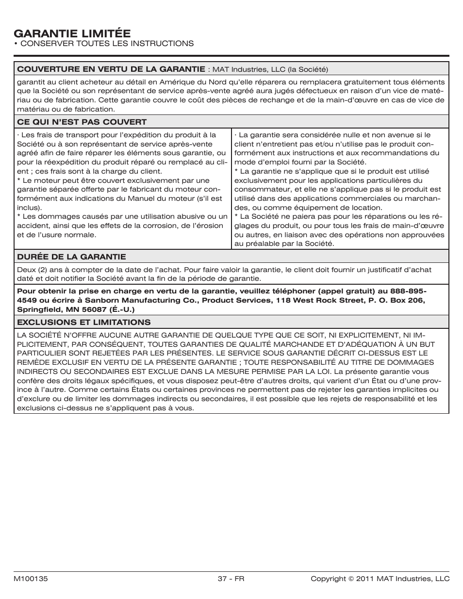 Garantie limitée | Powermate PWZ0142700.01 User Manual | Page 37 / 56