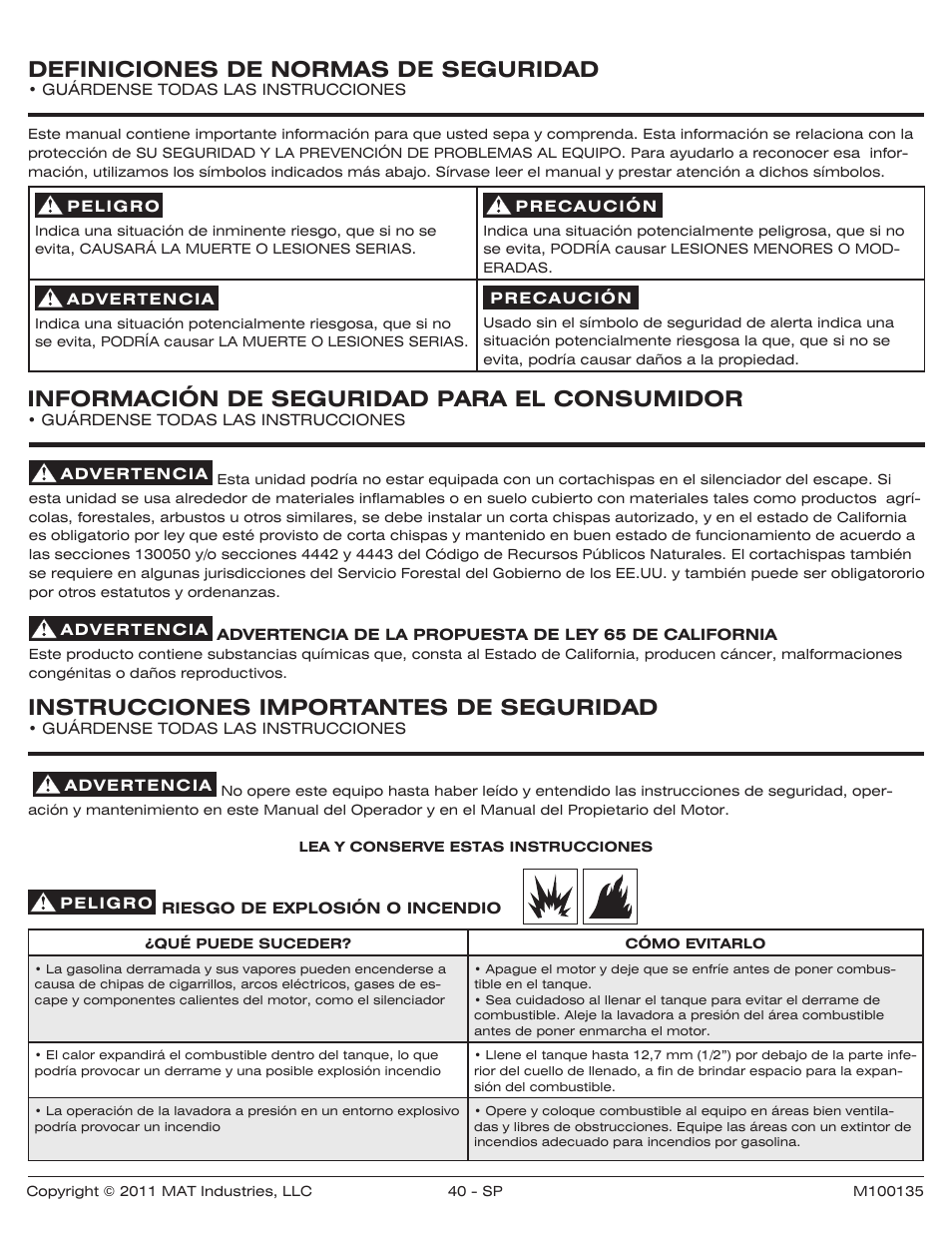 Definiciones de normas de seguridad, Información de seguridad para el consumidor, Instrucciones importantes de seguridad | Powermate PWZ0142700.01 User Manual | Page 40 / 56