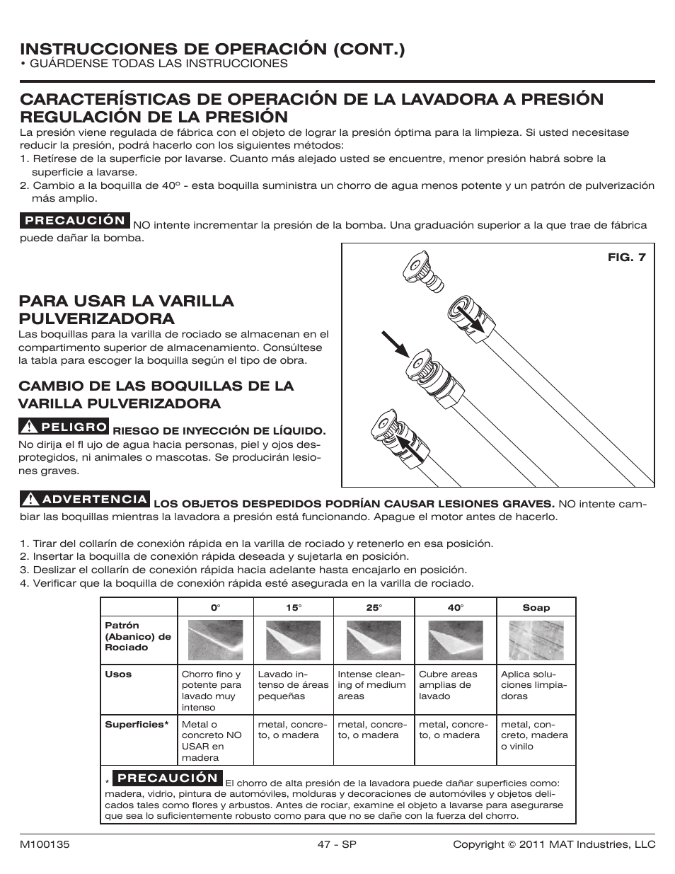 Instrucciones de operación (cont.), Para usar la varilla pulverizadora | Powermate PWZ0142700.01 User Manual | Page 47 / 56