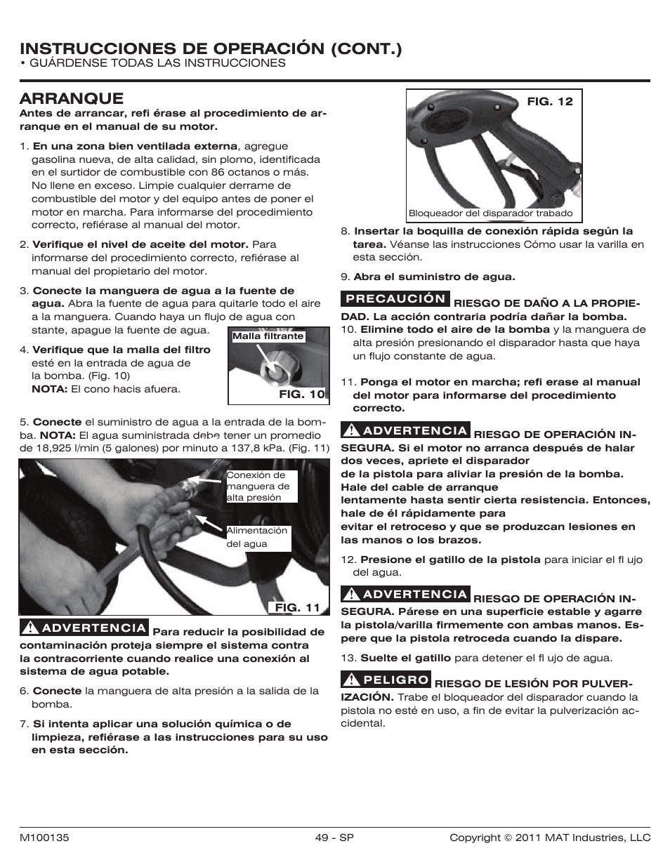Instrucciones de operación (cont.), Arranque | Powermate PWZ0142700.01 User Manual | Page 49 / 56