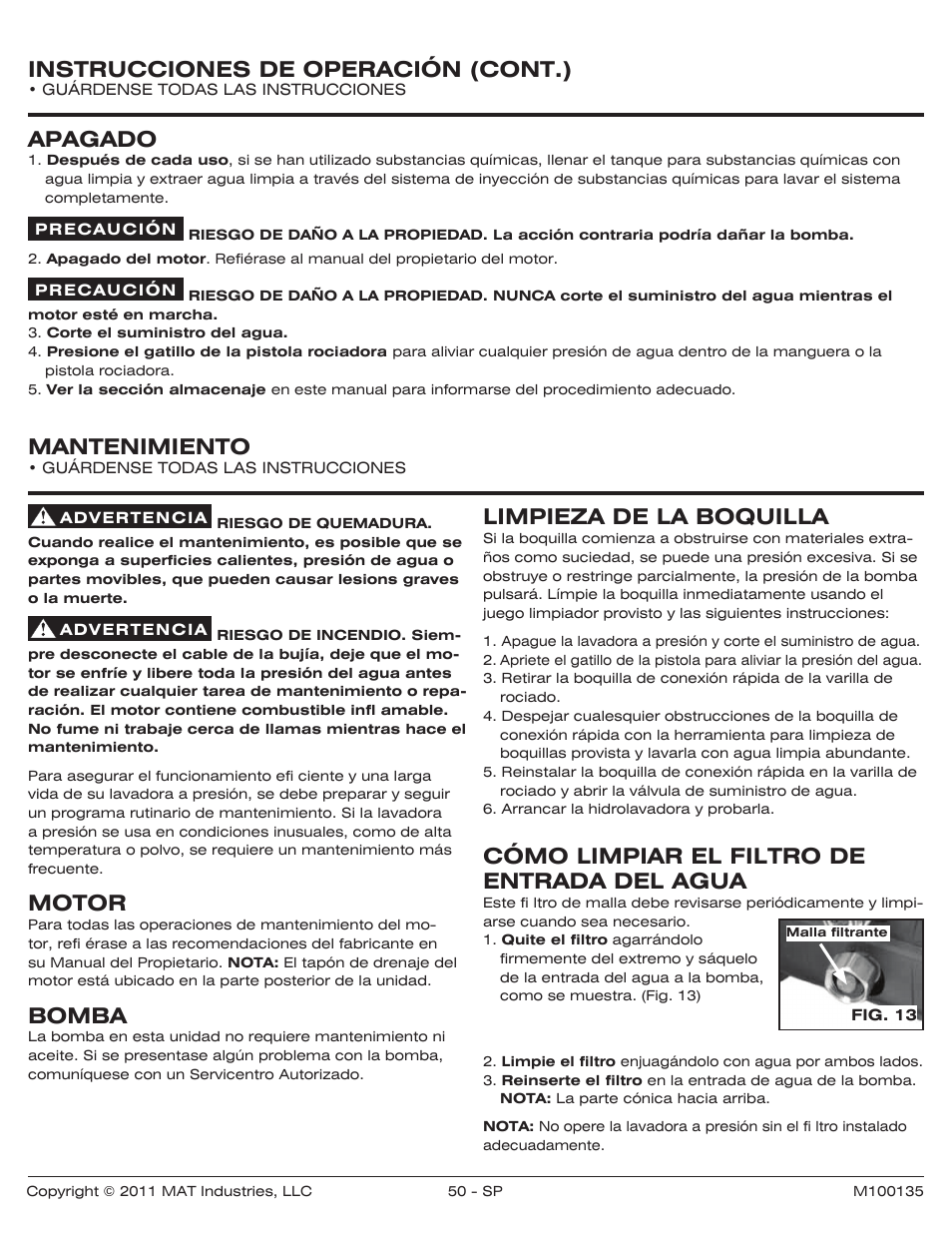 Limpieza de la boquilla, Cómo limpiar el filtro de entrada del agua, Mantenimiento | Motor, Bomba, Instrucciones de operación (cont.), Apagado | Powermate PWZ0142700.01 User Manual | Page 50 / 56