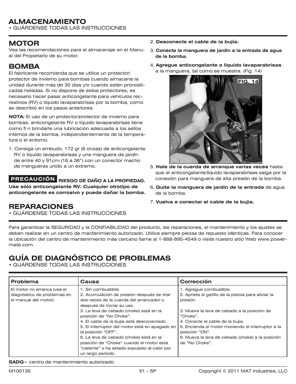 Almacenamiento, Motor, Bomba | Reparaciones, Guía de diagnóstico de problemas | Powermate PWZ0142700.01 User Manual | Page 51 / 56