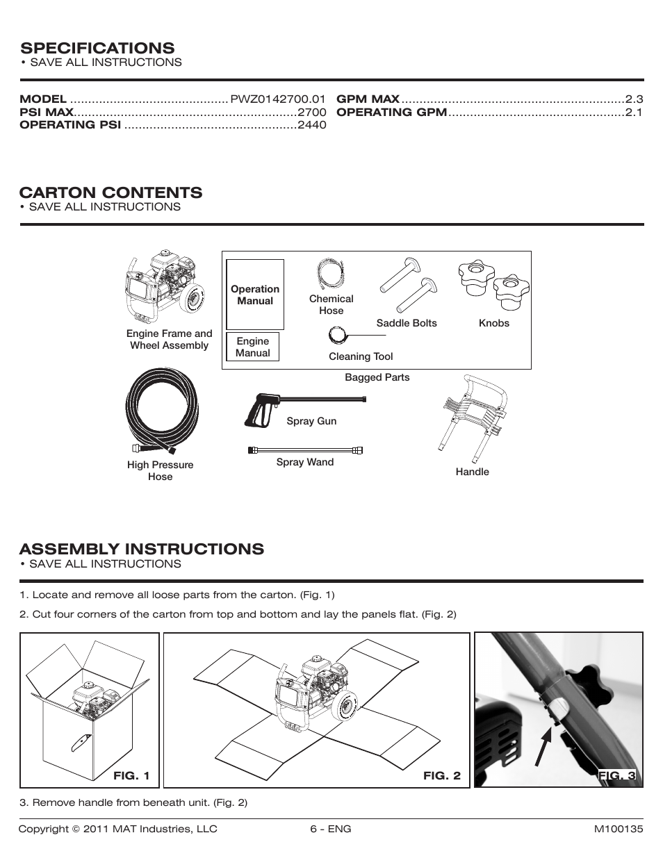 Specifications, Carton contents, Assembly instructions | Powermate PWZ0142700.01 User Manual | Page 6 / 56