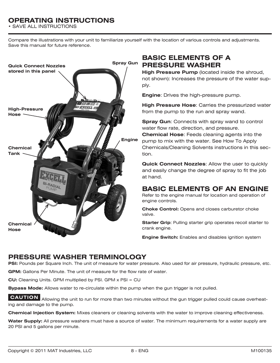 Operating instructions, Basic elements of a pressure washer, Basic elements of an engine | Pressure washer terminology | Powermate PWZ0142700.01 User Manual | Page 8 / 56